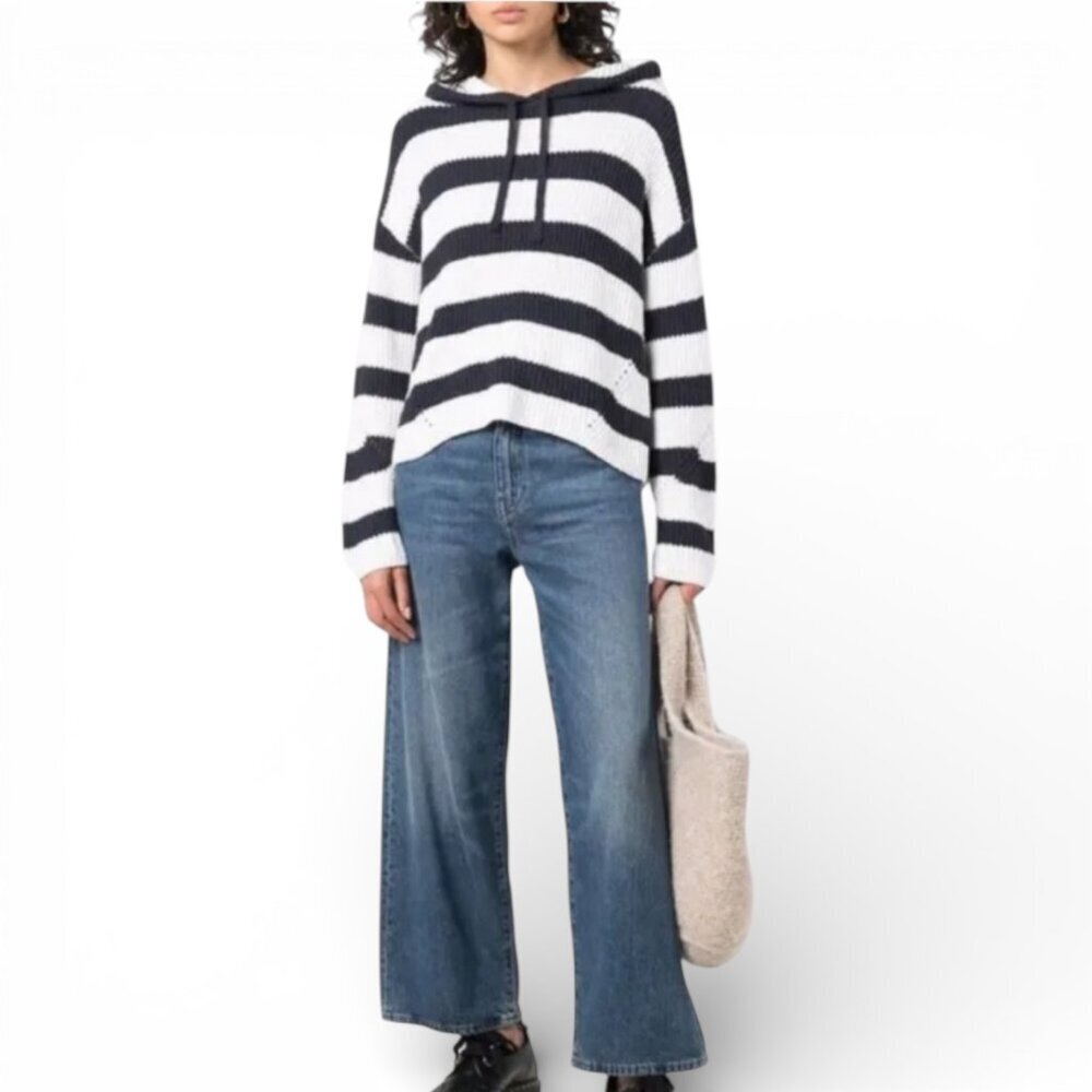 Rag & Bone Sunny Organic Cotton Striped Hoodie Navy White Knit Sweater Size XS